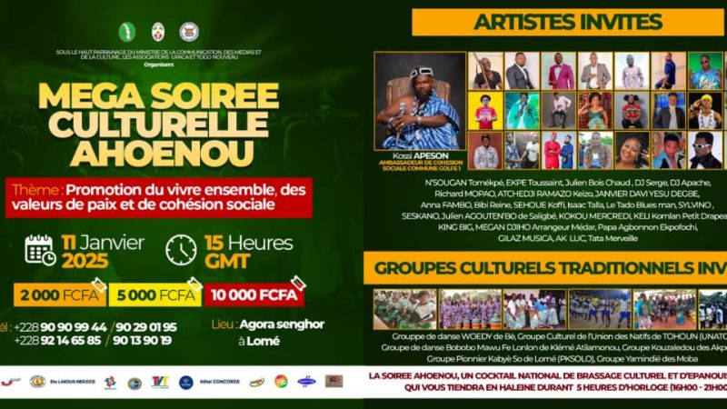 Méga soirée culturelle Ahoenou : la culture Adja en fête ce samedi 11 janvier 2025 à l’Agora Senghor