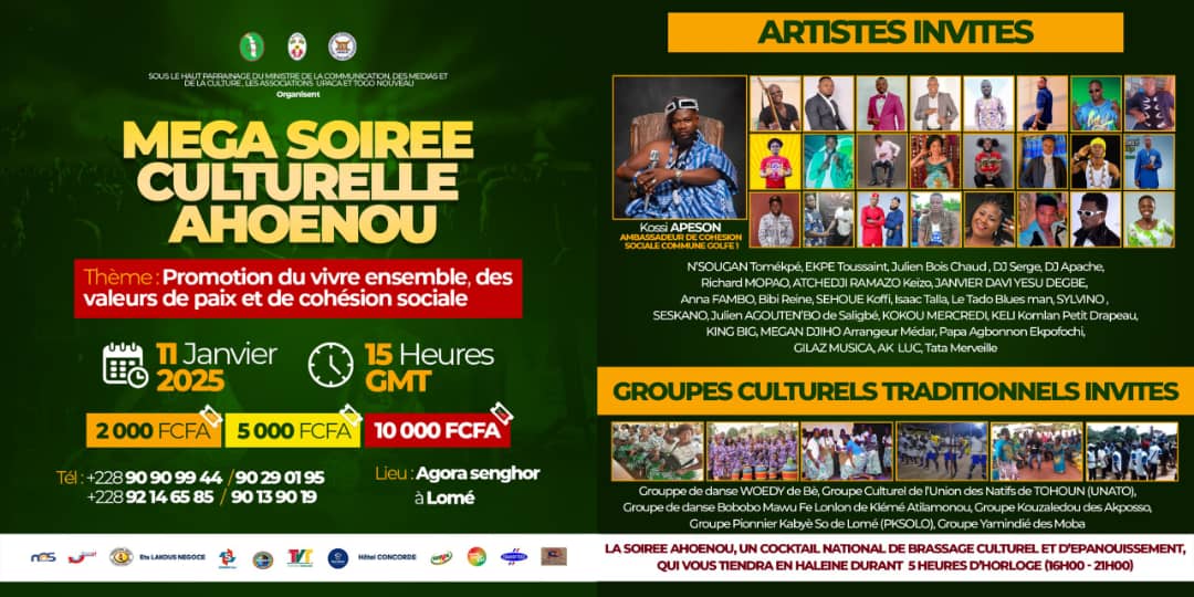 Méga soirée culturelle Ahoenou : la culture Adja en fête ce samedi 11 janvier 2025 à l’Agora Senghor